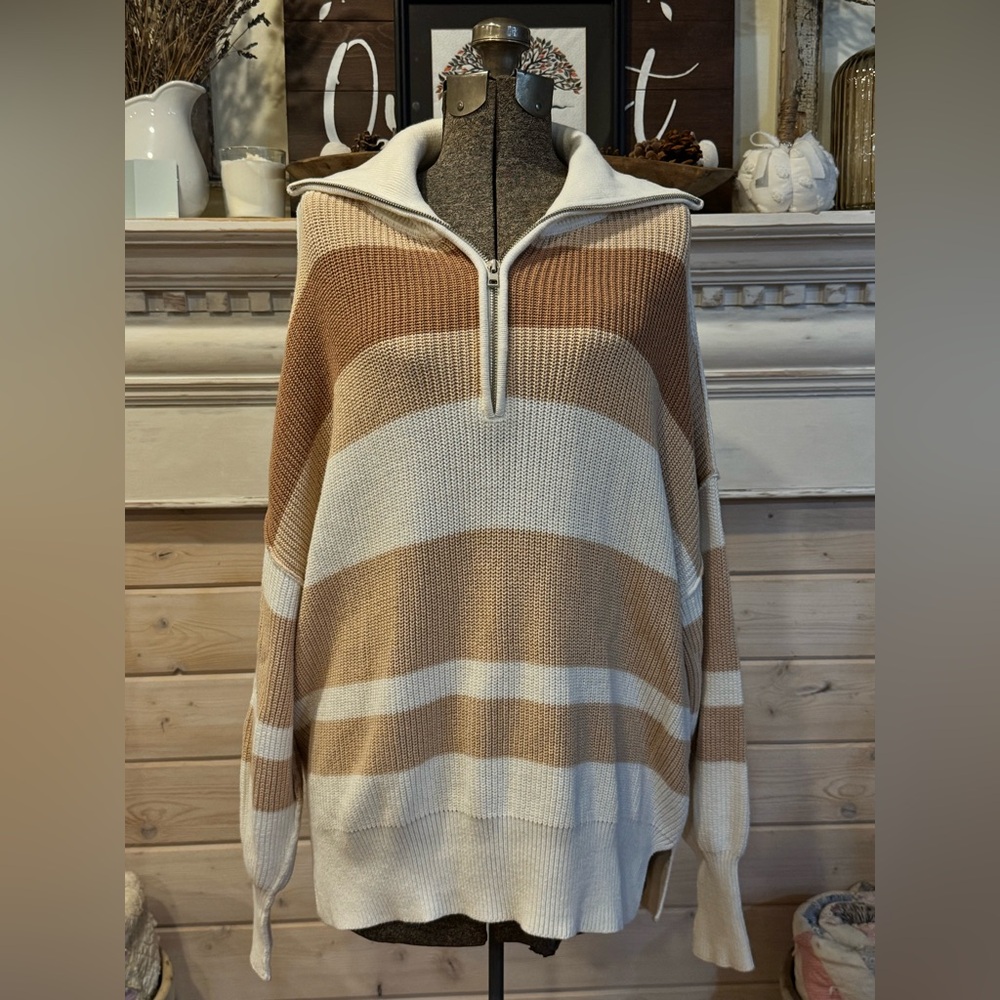 Aerie Women's Small Oversized Cream and Brown Striped Quarter Zip Up Sweater